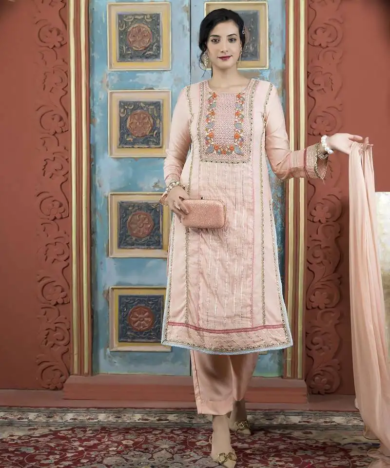 Peach embroidered silk stitched straight cut trouser kurta dupatta readymade suits