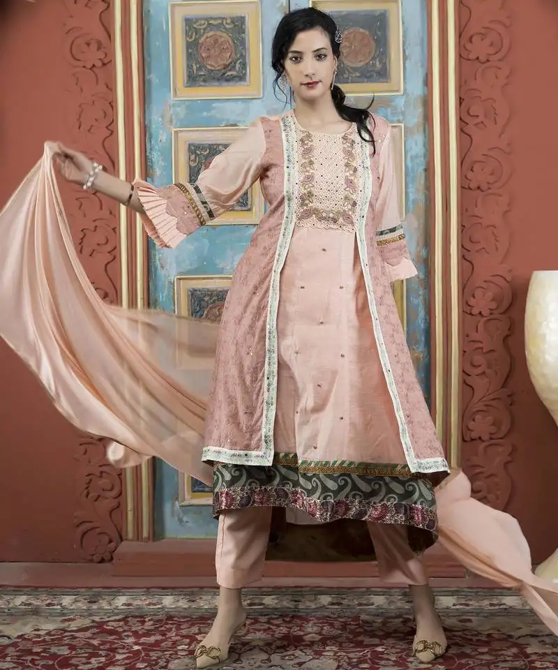 Peach embroidered silk stitched asymmetrical trouser kurta dupatta readymade suits