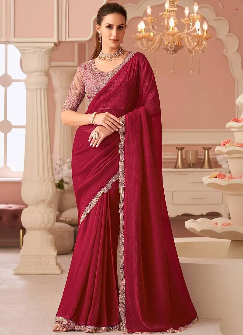 Red georgette embroidered party wear saree