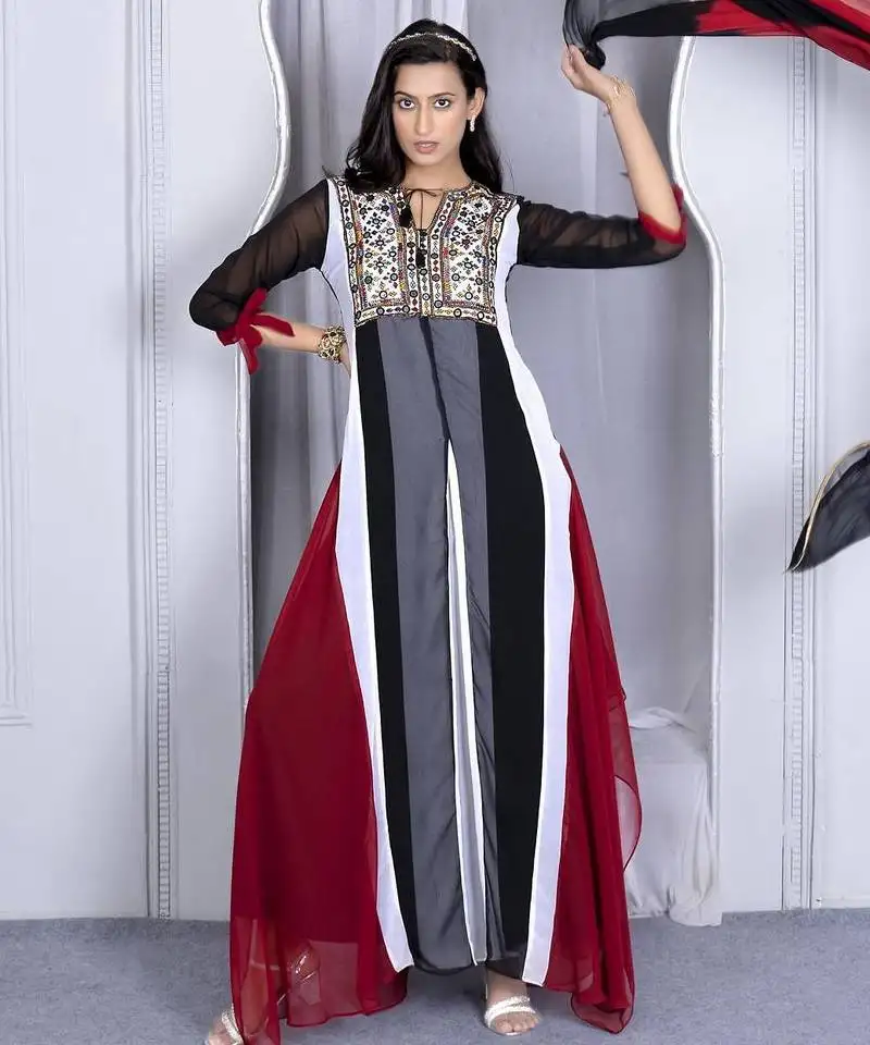 Multicolor embroidered georgette stitched asymmetrical trouser kurta dupatta readymade suits