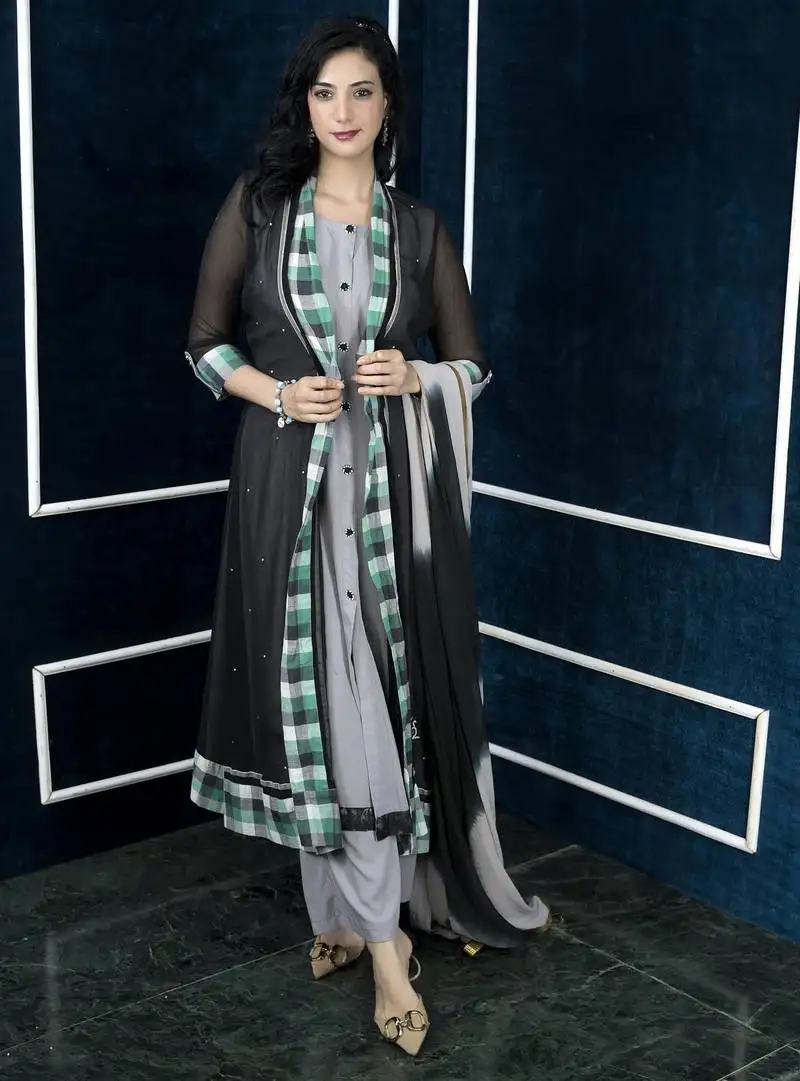 Black embroidered georgette stitched jacket style palazzo kurta dupatta readymade suits