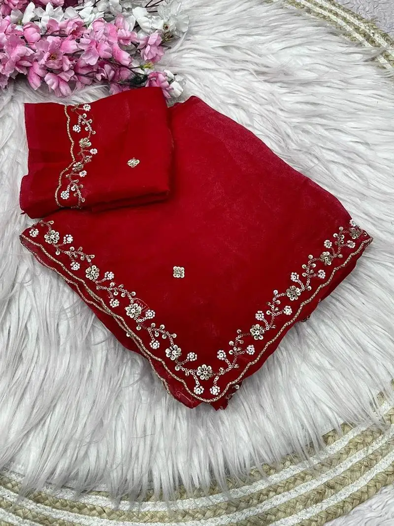 Red fendy satin with beads work saree with unstitched blouse