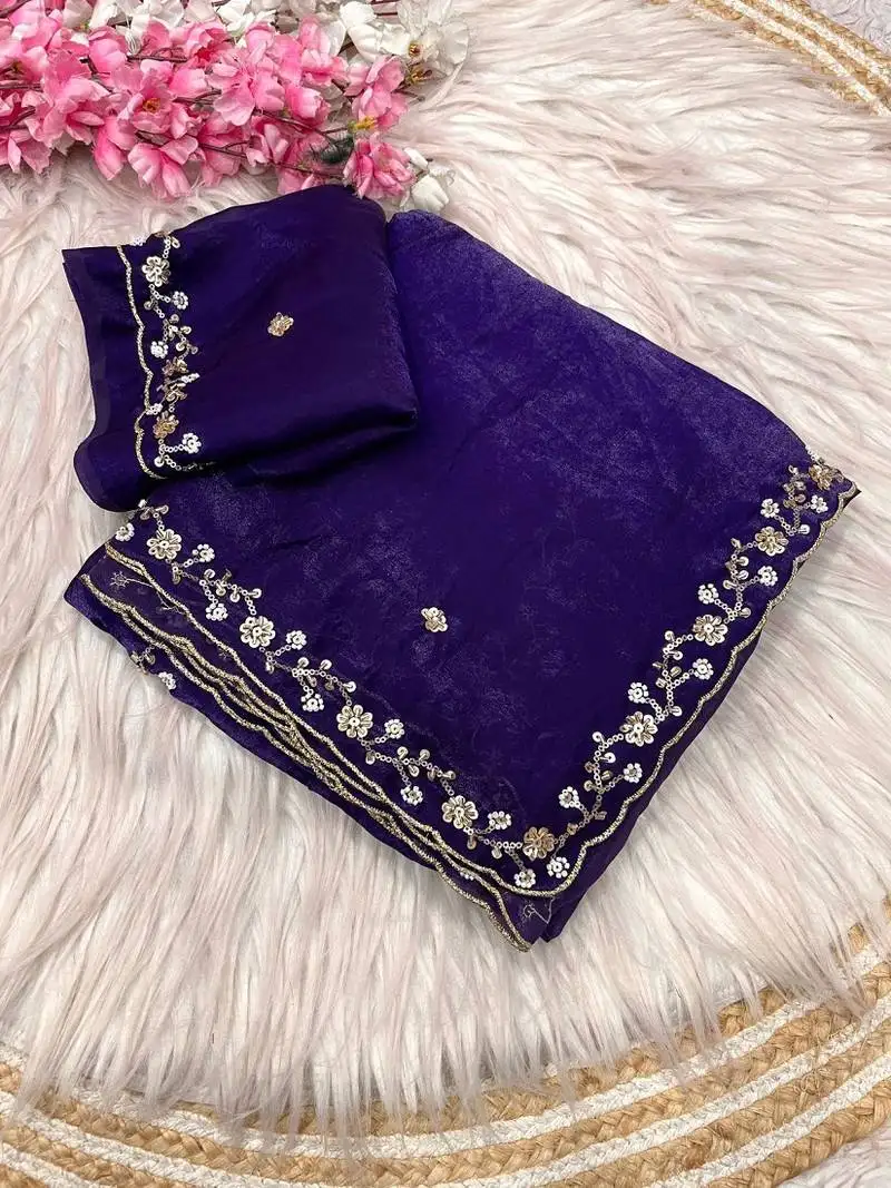 Purple fendy satin with beads work saree with unstitched blouse