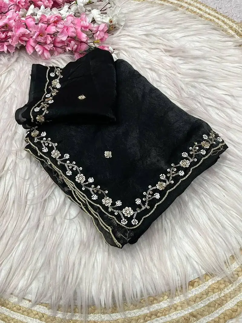 Black fendy satin with beads work saree with unstitched blouse
