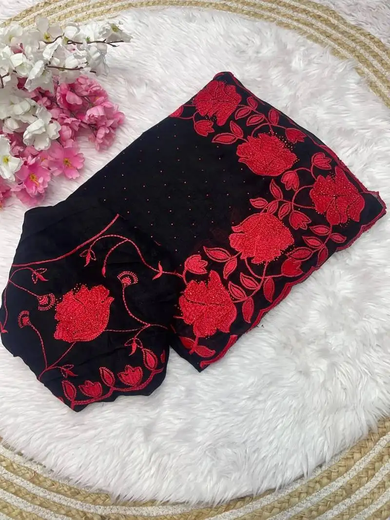 Soft vichitra blooming with embroidery &siroski work saree with unstitched blouse