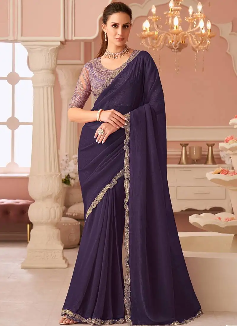 Violet georgette embroidered party wear saree