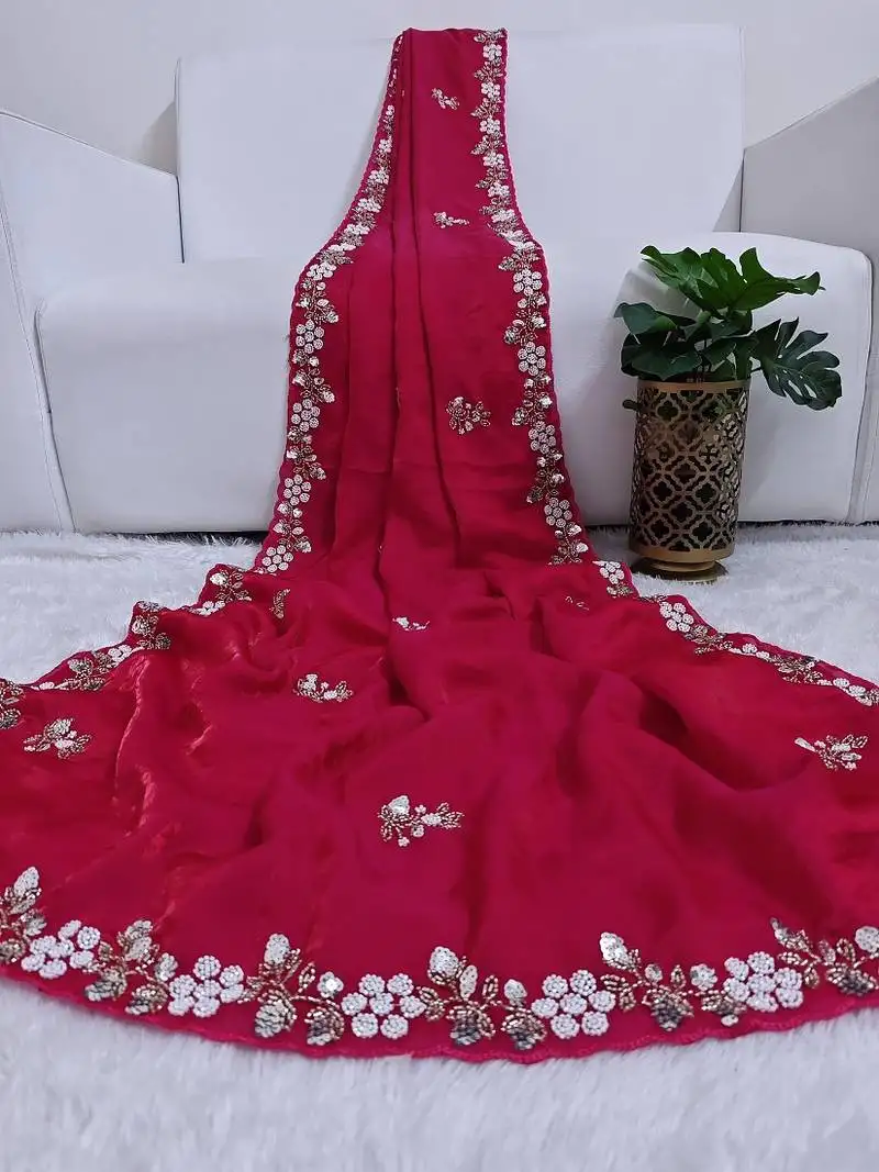 Ranipink fendy satin with beads work saree with unstitched blouse