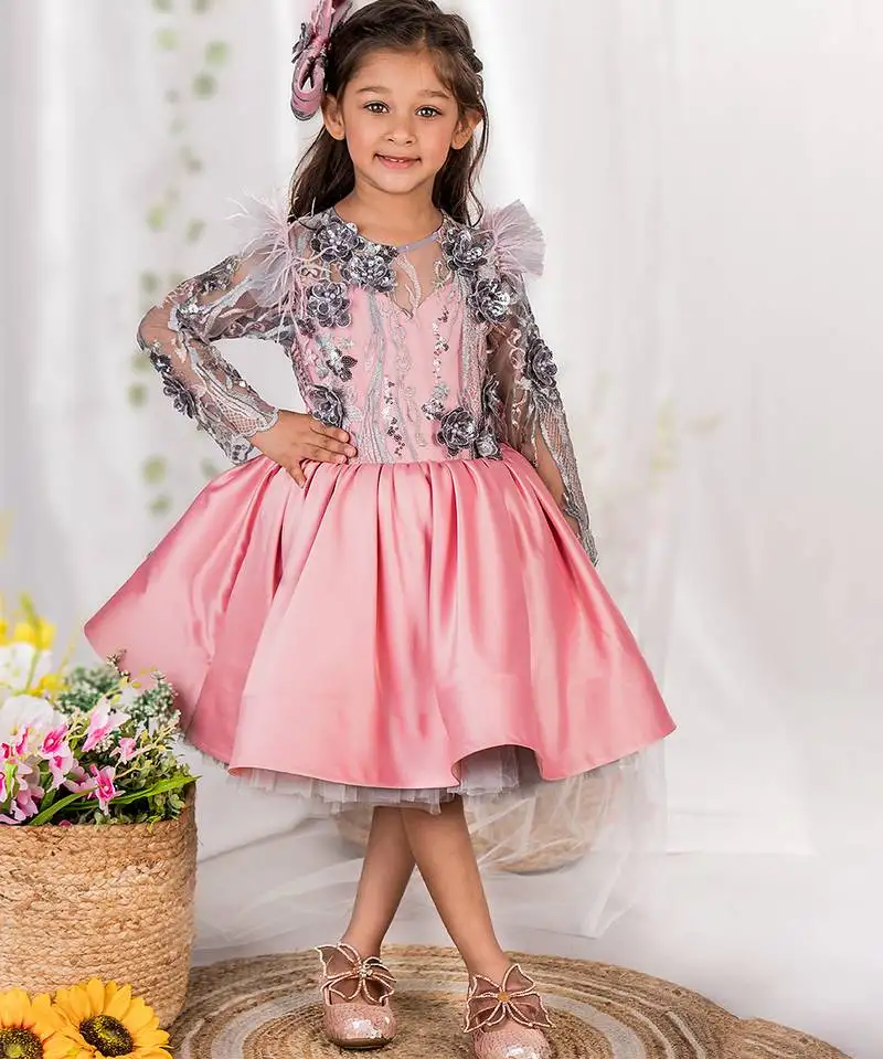 Pink embroidered satin dress