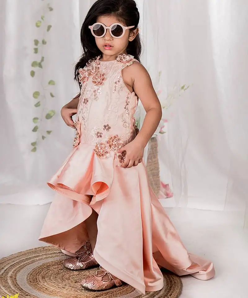 Peach embroidered satin gown