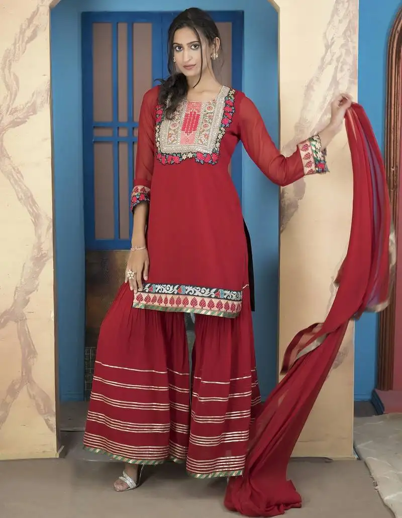 Maroon embroidered georgette stitched straight cut trouser kurta dupatta readymade suits