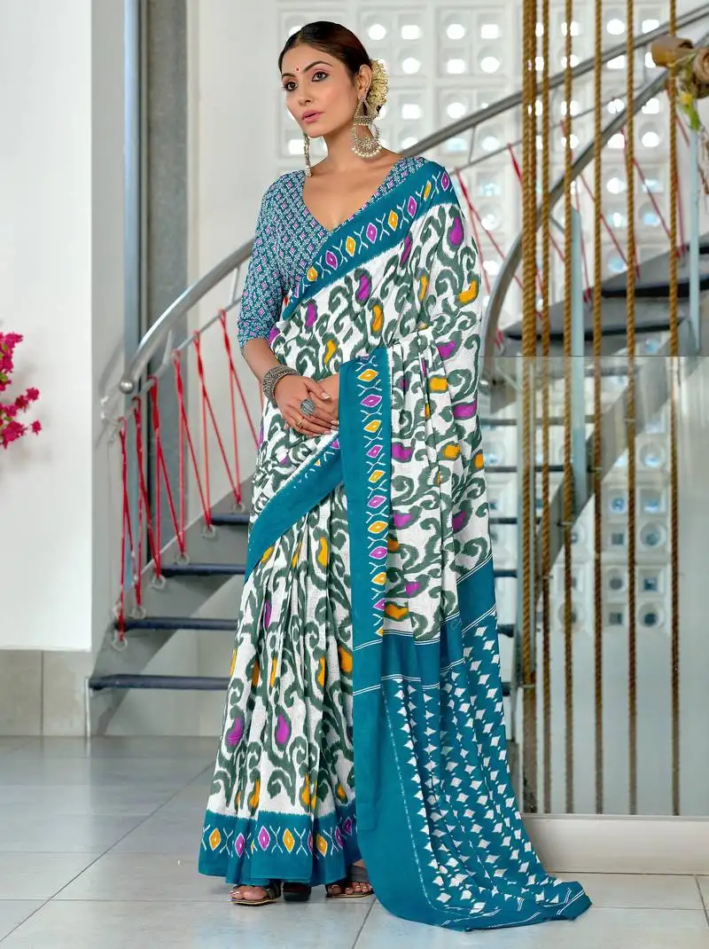 Sky blue mulmul cotton printed fancy saree with blouse