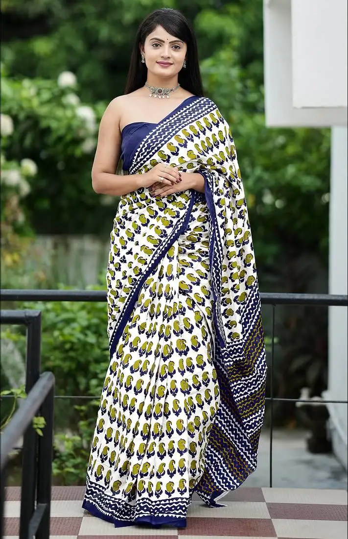 White cotton printed fancy saree with blouse