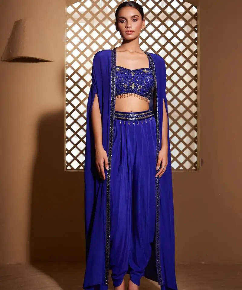 Blue embroidered crepe cape set