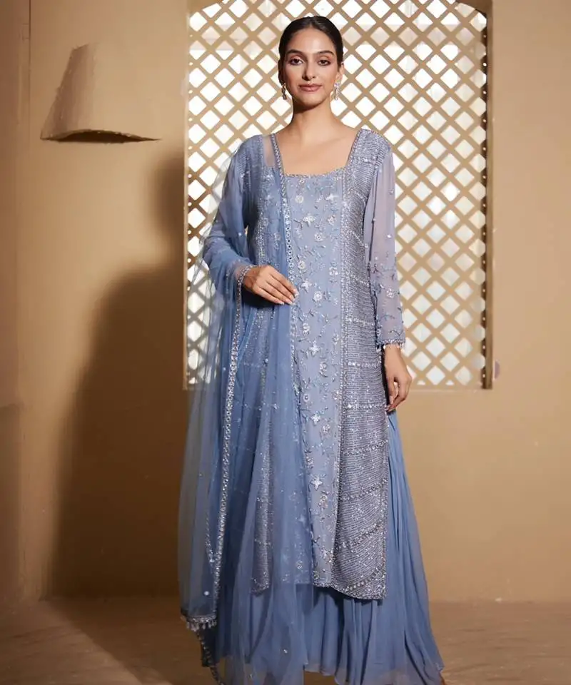 Blue embroidered georgette sharara set