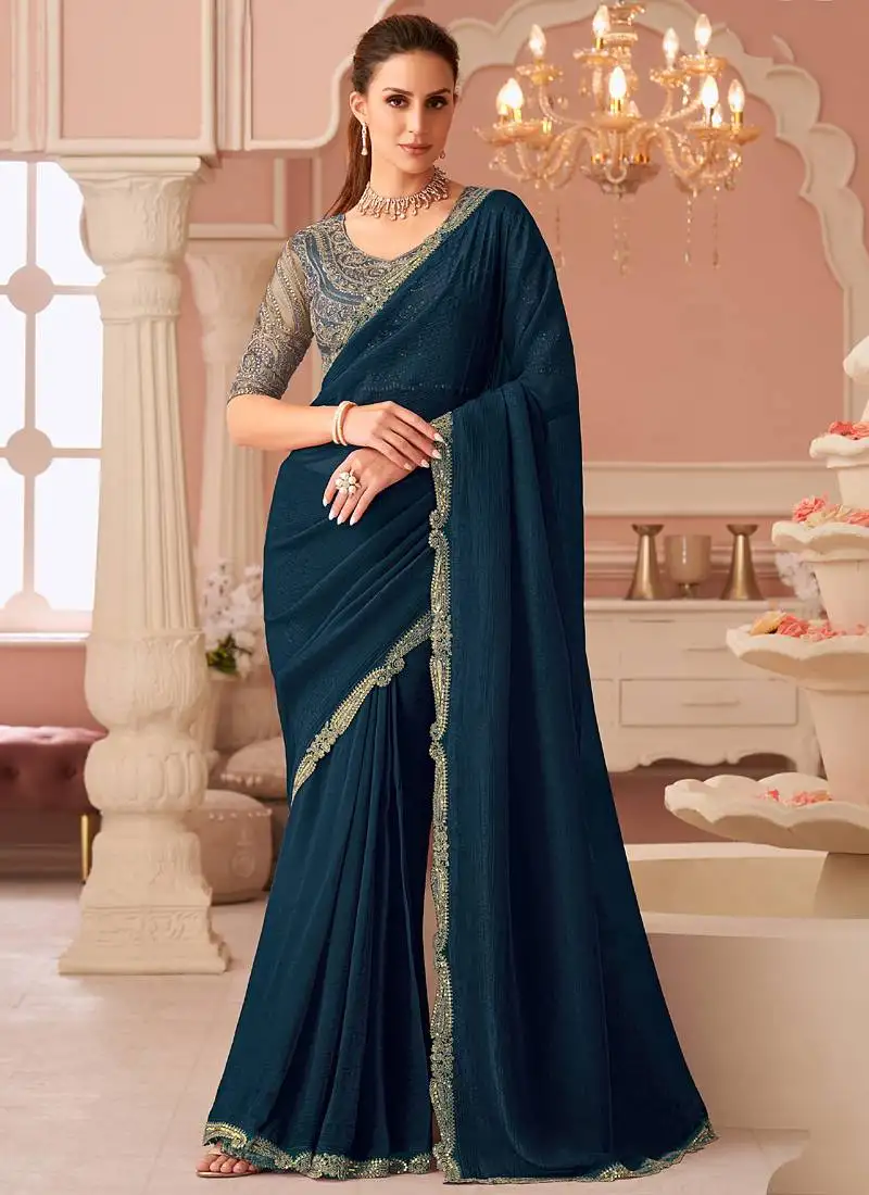 Aqua blue georgette embroidered party wear saree