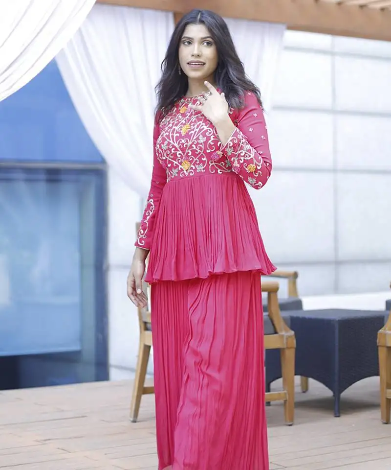 Pink embroidered georgette sharara