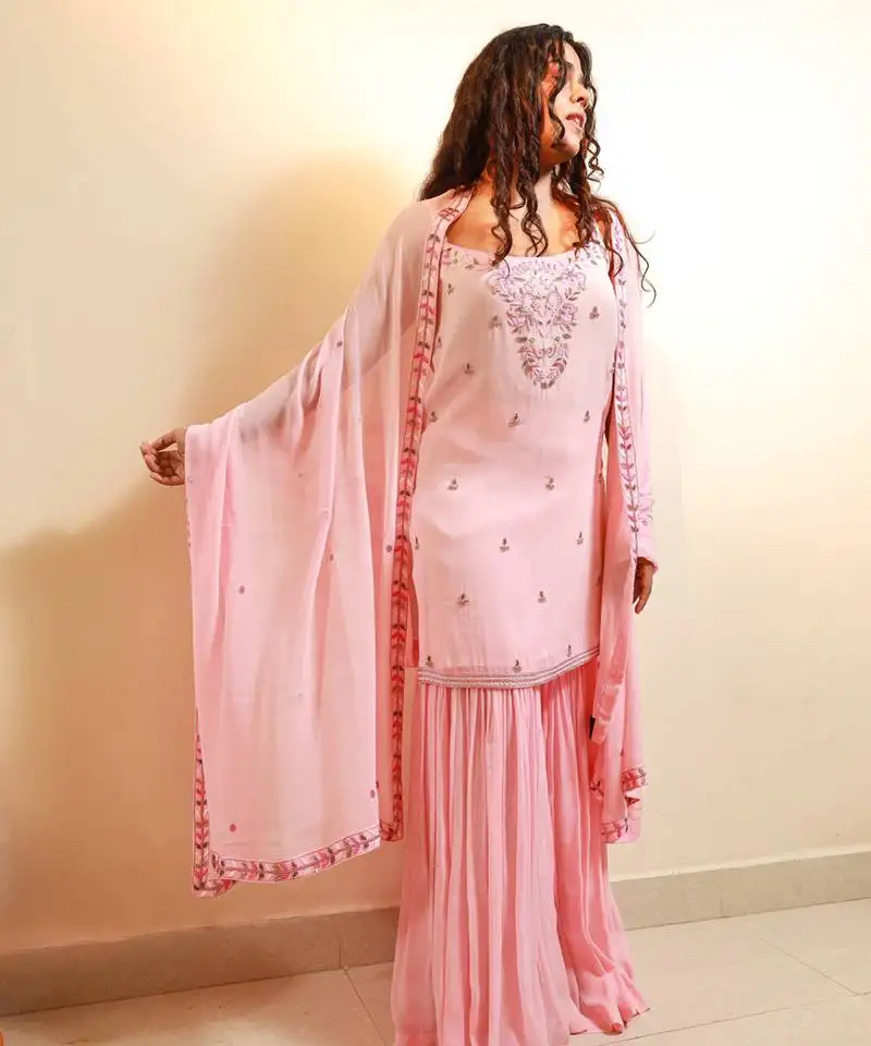 Pink embroidered georgette sharara set