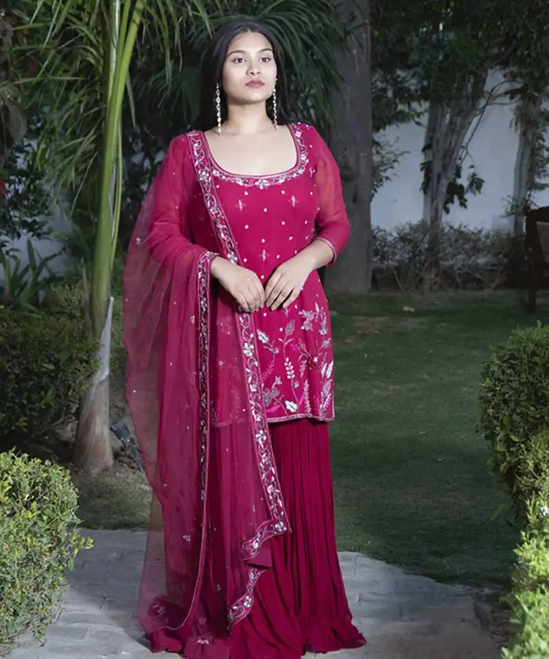 Maroon embroidered georgette sharara set