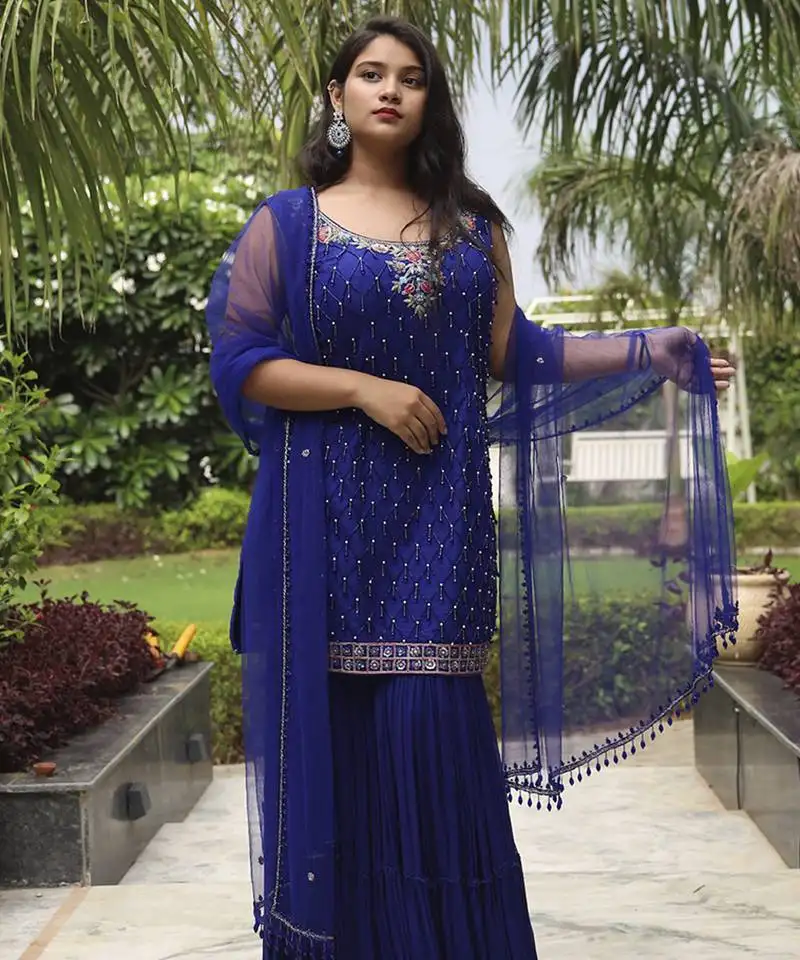 Blue embroidered net sharara set