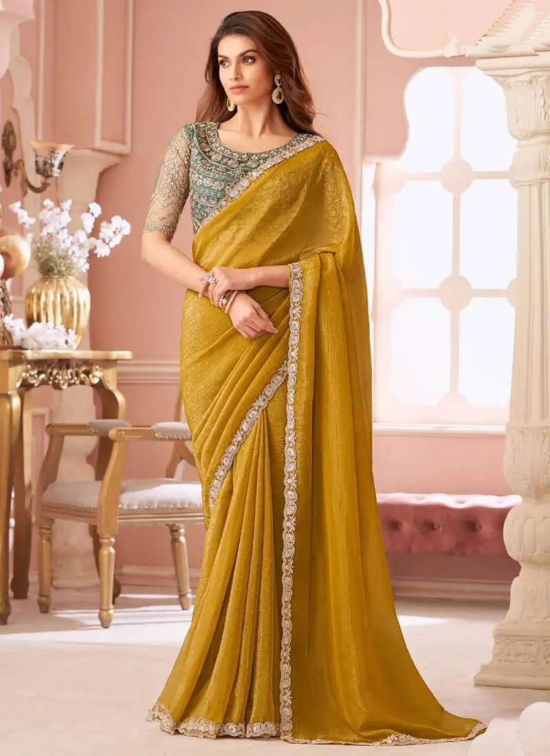 Yellow georgette embroidered party wear saree