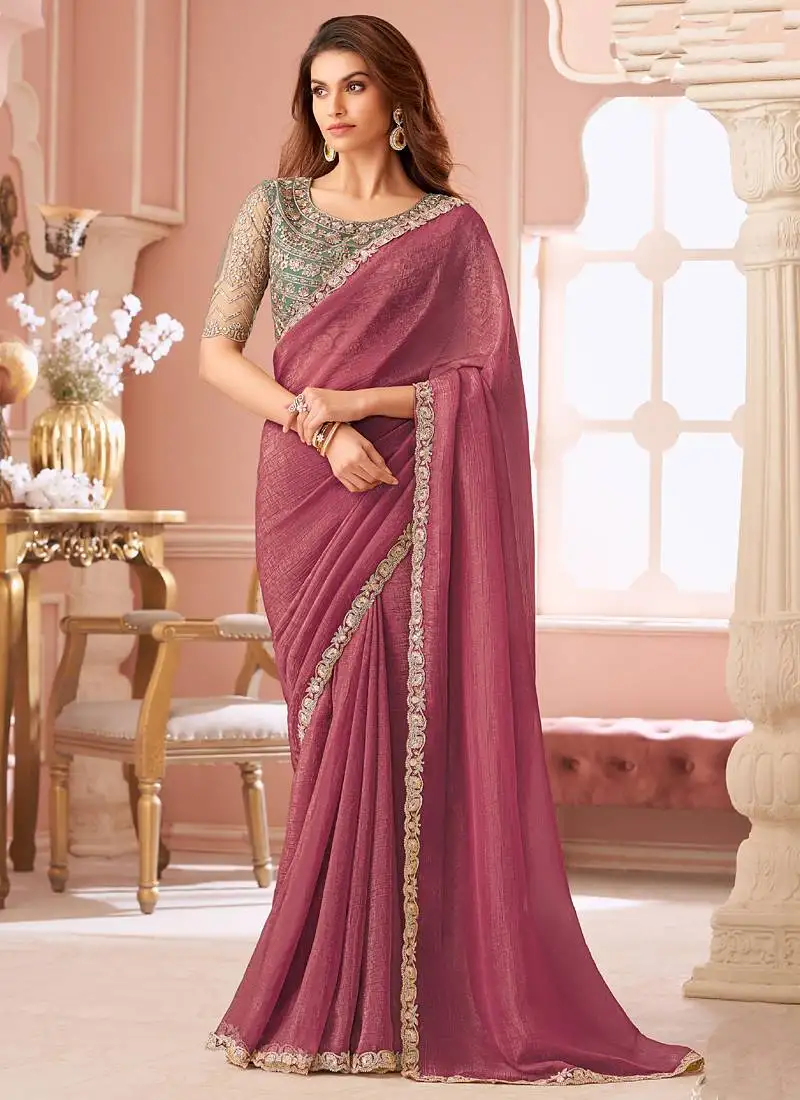 Onion pink georgette embroidered party wear saree