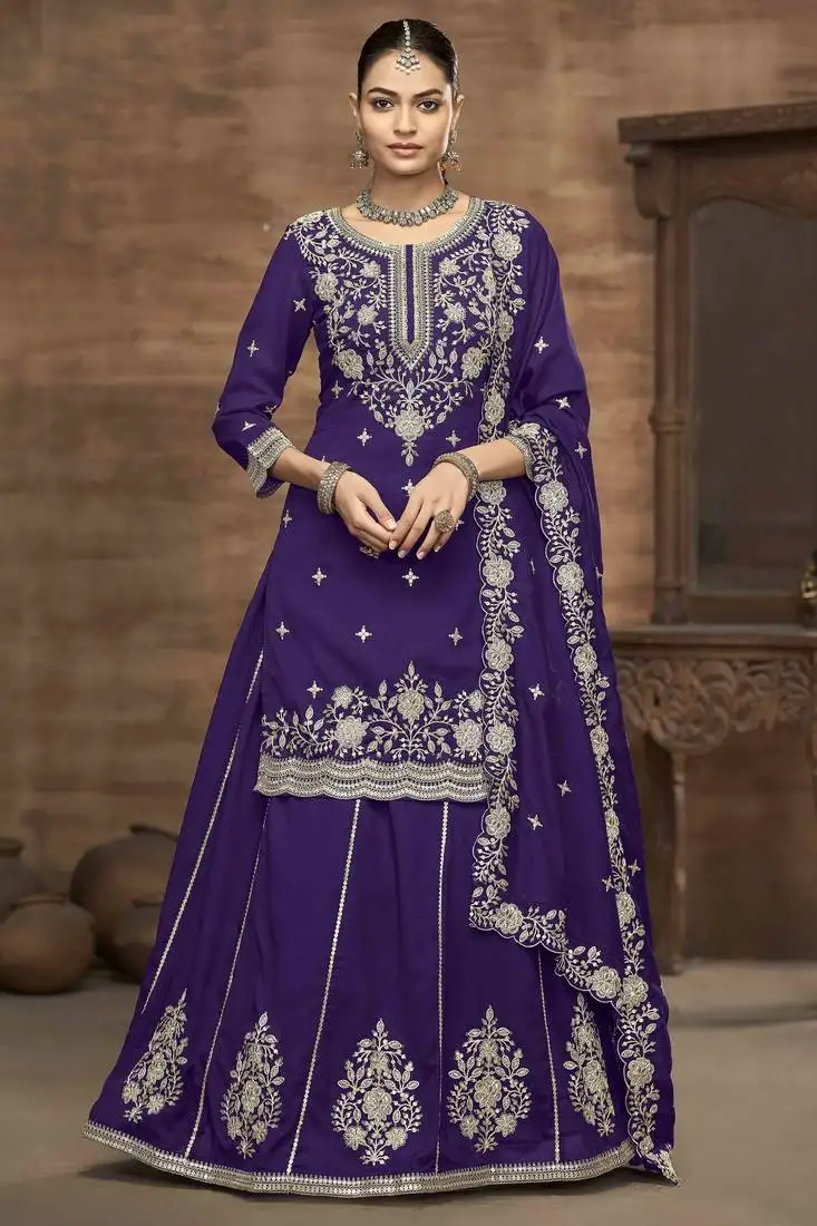 Violet vichitra silk heavy thread embroidery with sequins work top with dupatta stitched