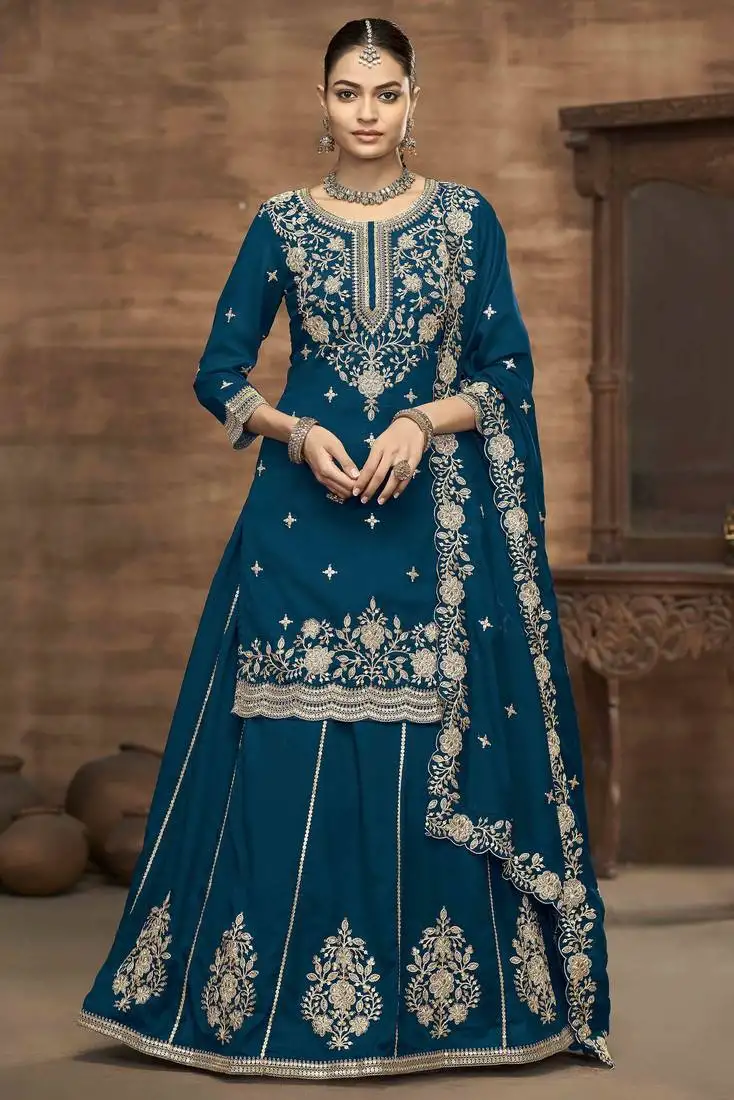 Blue vichitra silk heavy thread embroidery sequins work top with dupatta stitched