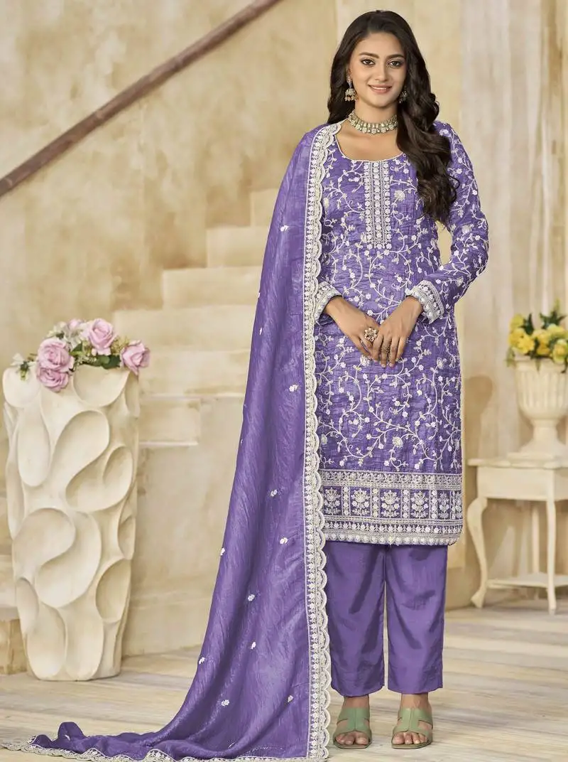 Lavender organza crush heavy thread embroidery with sequins work salwar kameez semi stitched