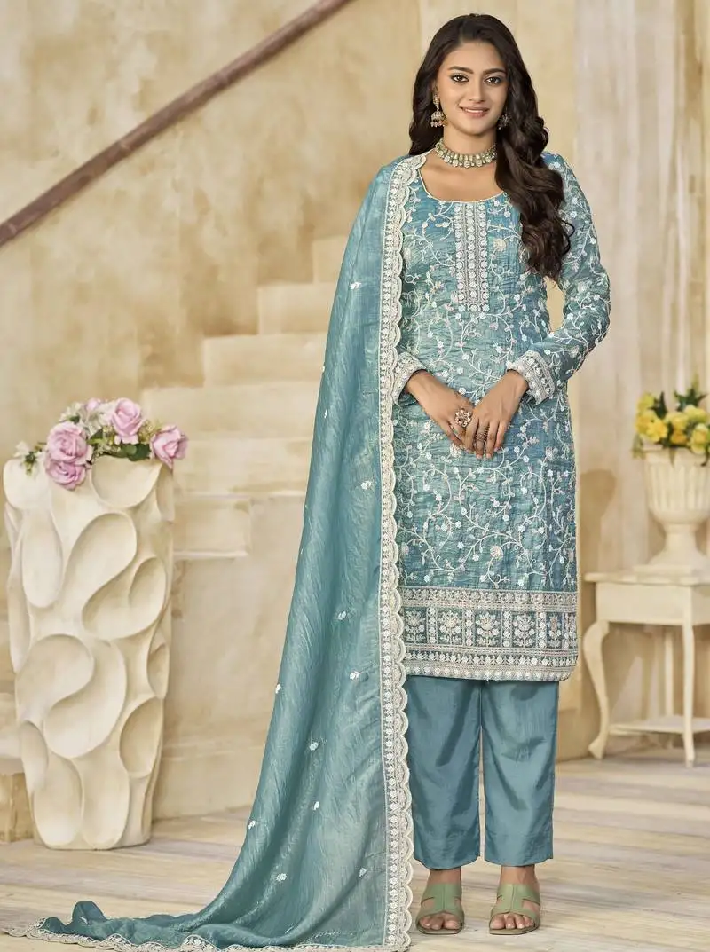 Light teal organza crush heavy thread embroidery with sequins work salwar kameez semi stitched
