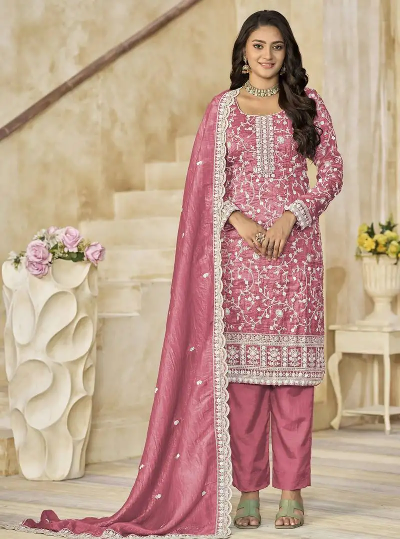 Pink organza crush heavy thread embroidery with sequins work salwar kameez semi stitched