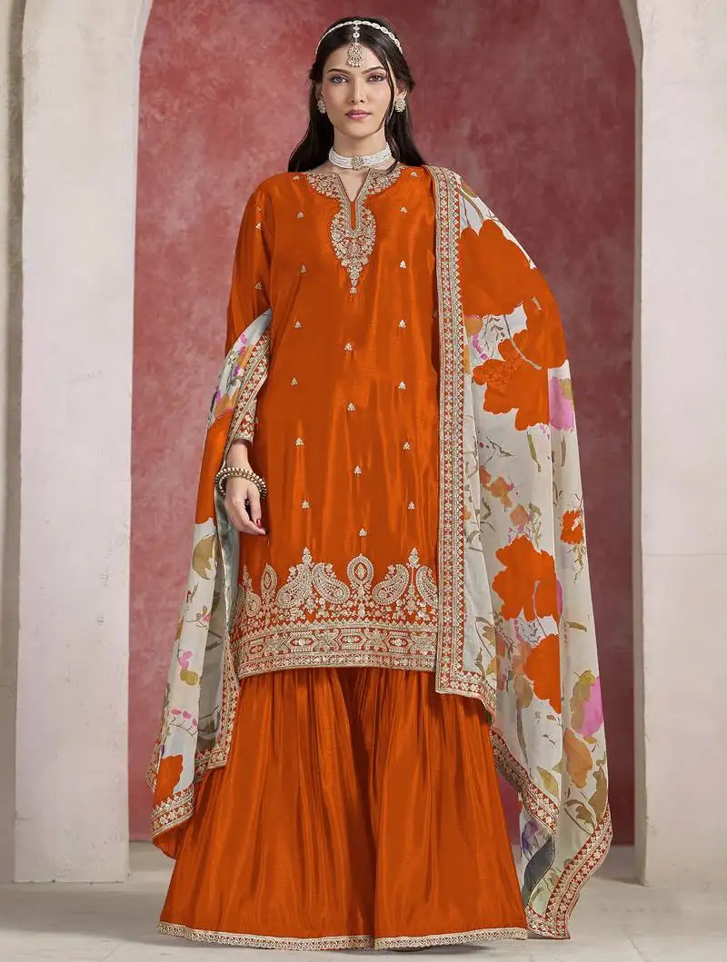 Orange chinon silk heavy thread embroidery, sequins work with printed dupatta top sharara with dupatta stitched