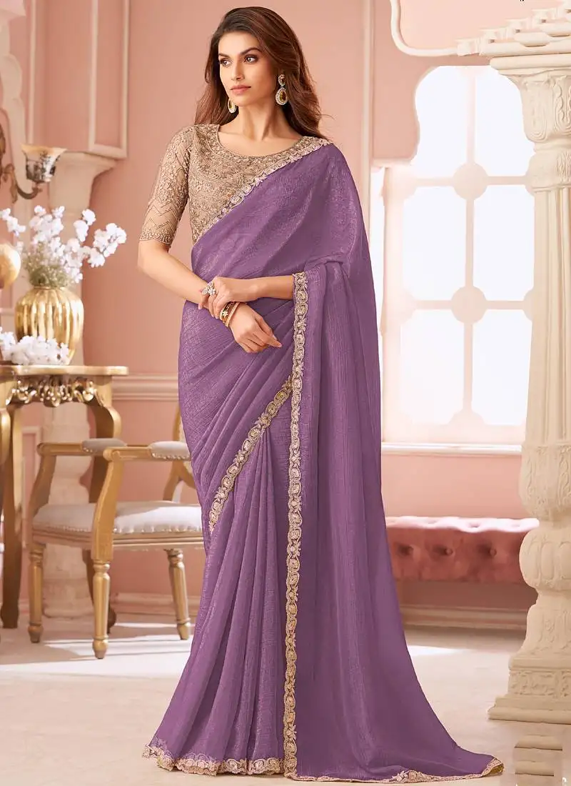 Lavender georgette embroidered party wear saree