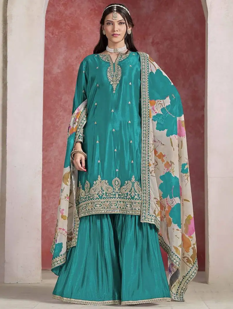 Teal chinon silk heavy thread embroidery, sequins work with printed dupatta top sharara with dupatta stitched