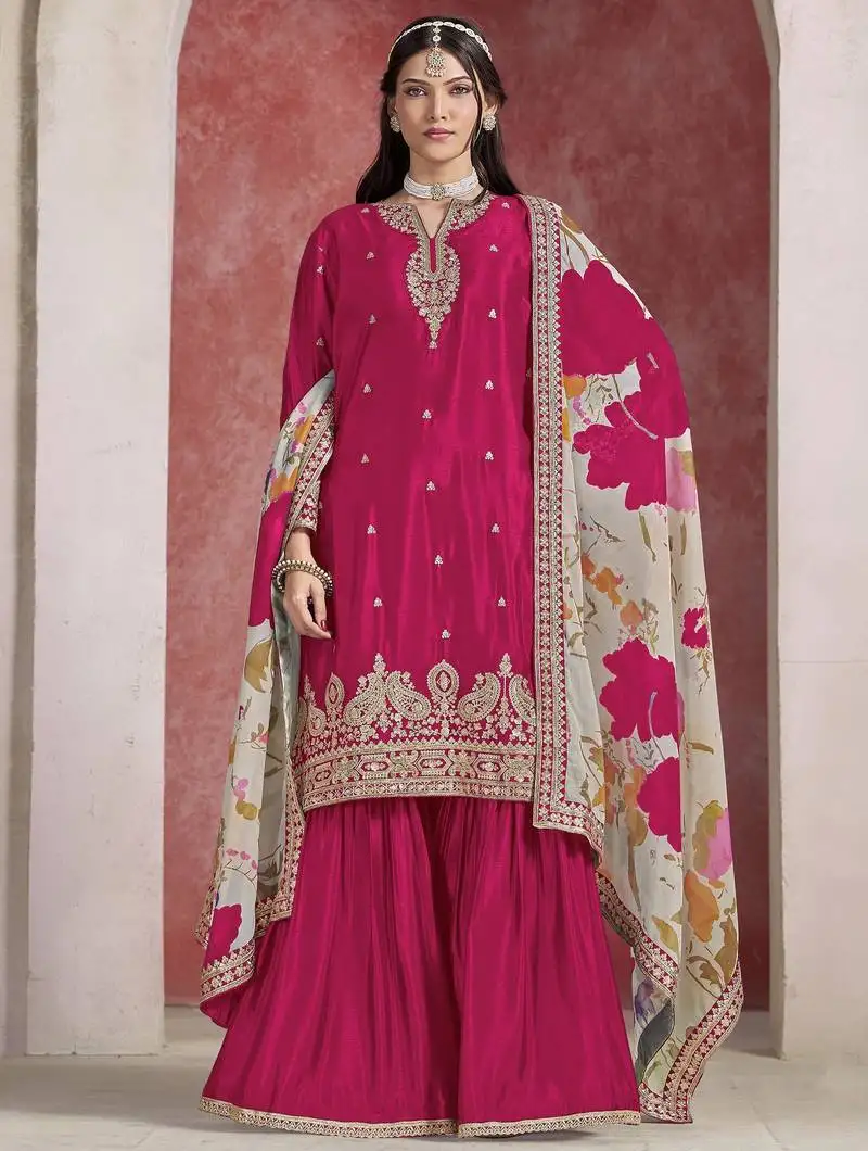 Rani pink chinon silk heavy thread embroidery, sequins work with printed dupatta top sharara with dupatta stitched