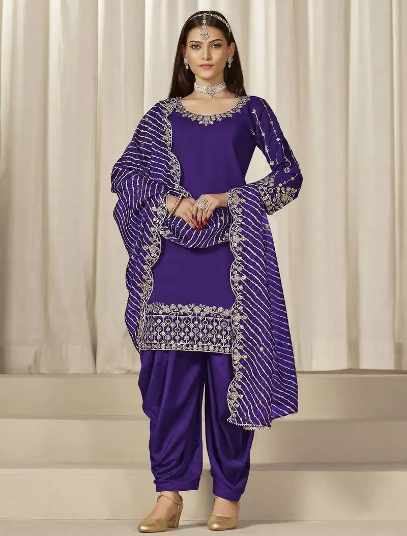 Violet roman silk heavy thread embroidery, sequins with mirror work salwar kameez semi stitched