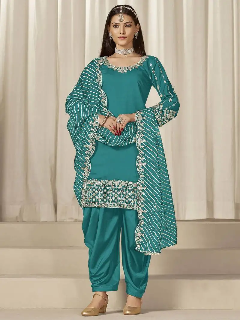 Teal roman silk heavy thread embroidery, sequins with mirror work salwar kameez semi stitched