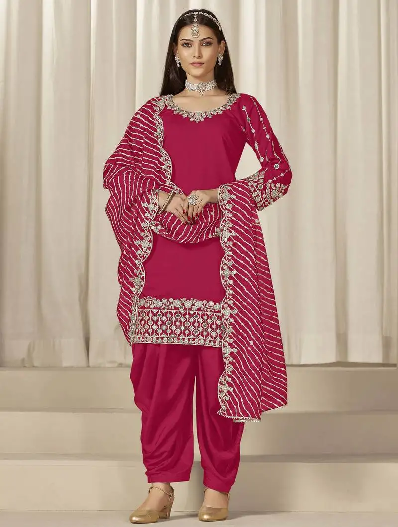 Rani pink roman silk heavy thread embroidery, sequins with mirror work salwar kameez semi stitched