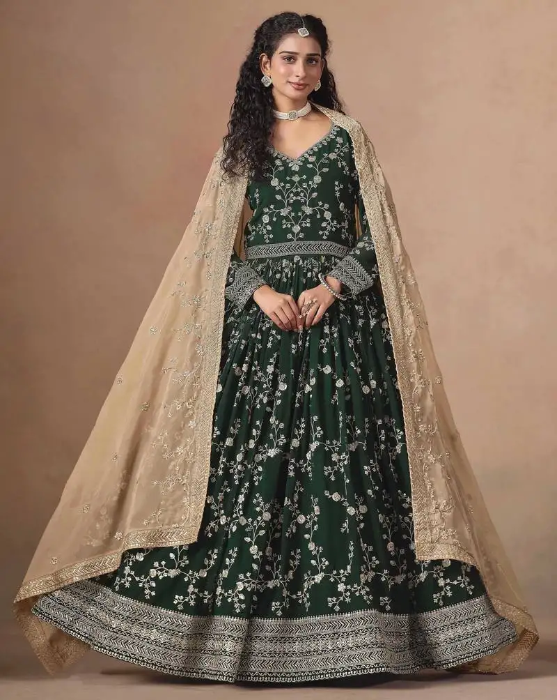 Dark green faux georgette heavy thread embroidery, zari with sequins work salwar kameez semi stitched