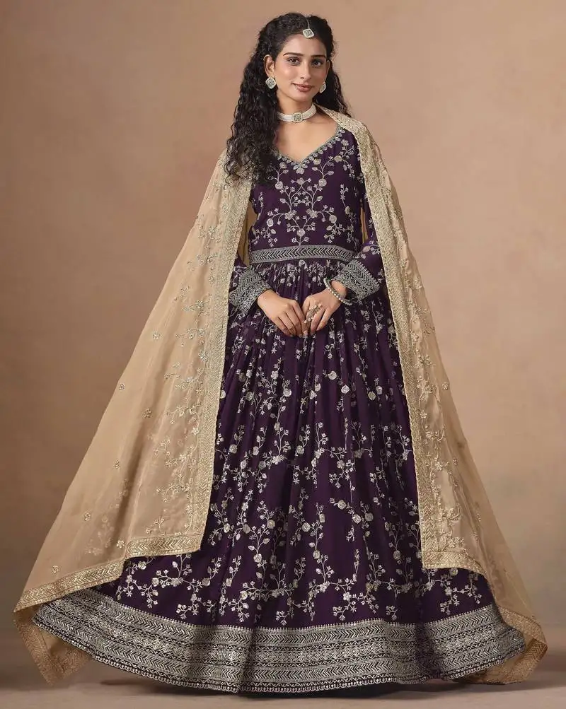 Purple faux georgette heavy thread embroidery, zari with sequins work salwar kameez semi stitched