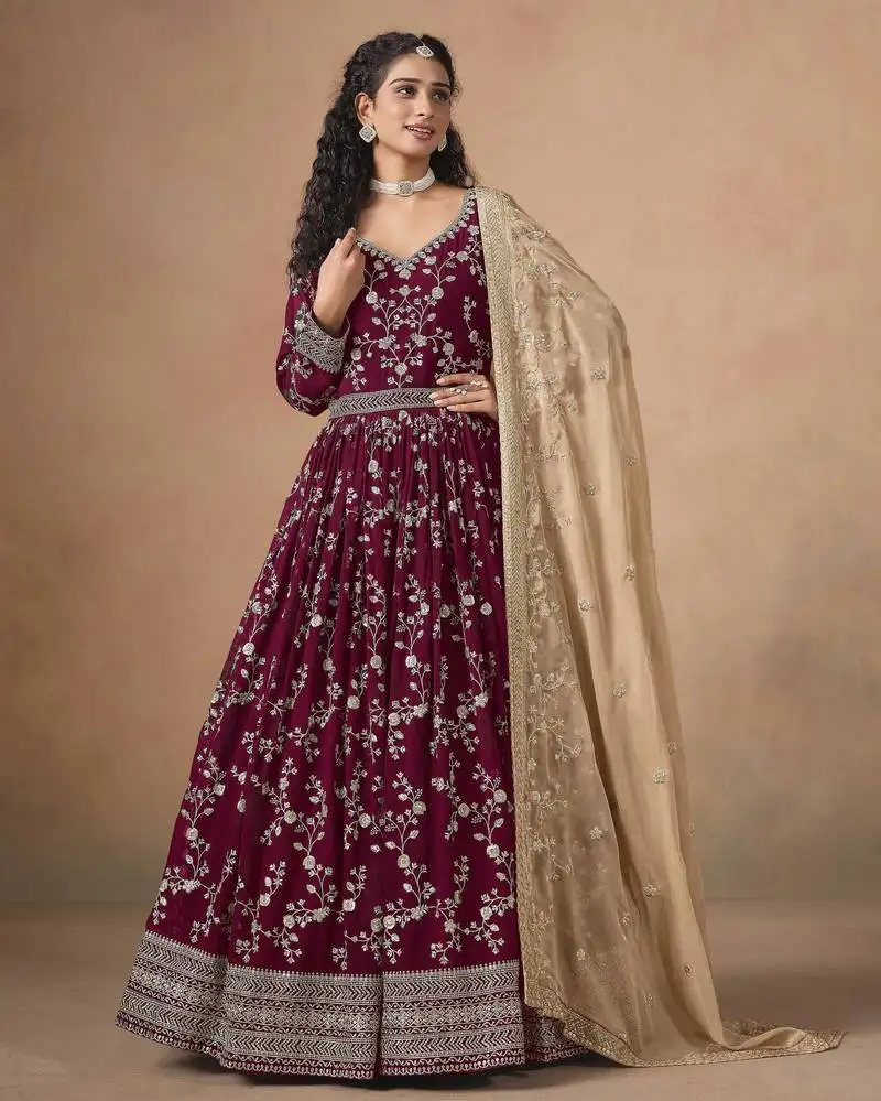 Burgundy faux georgette heavy thread embroidery, zari with sequins work salwar kameez semi stitched