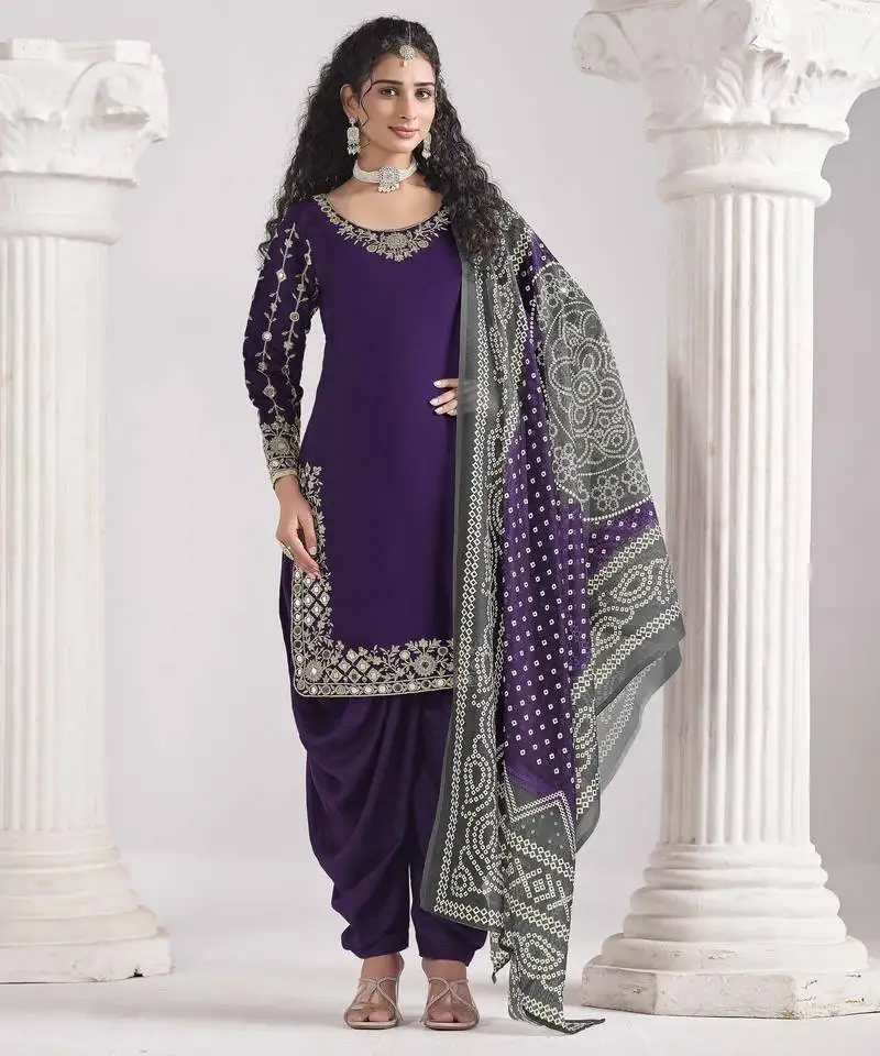 Purple roman silk heavy thread embroidery, zari with mirror work salwar kameez semi stitched