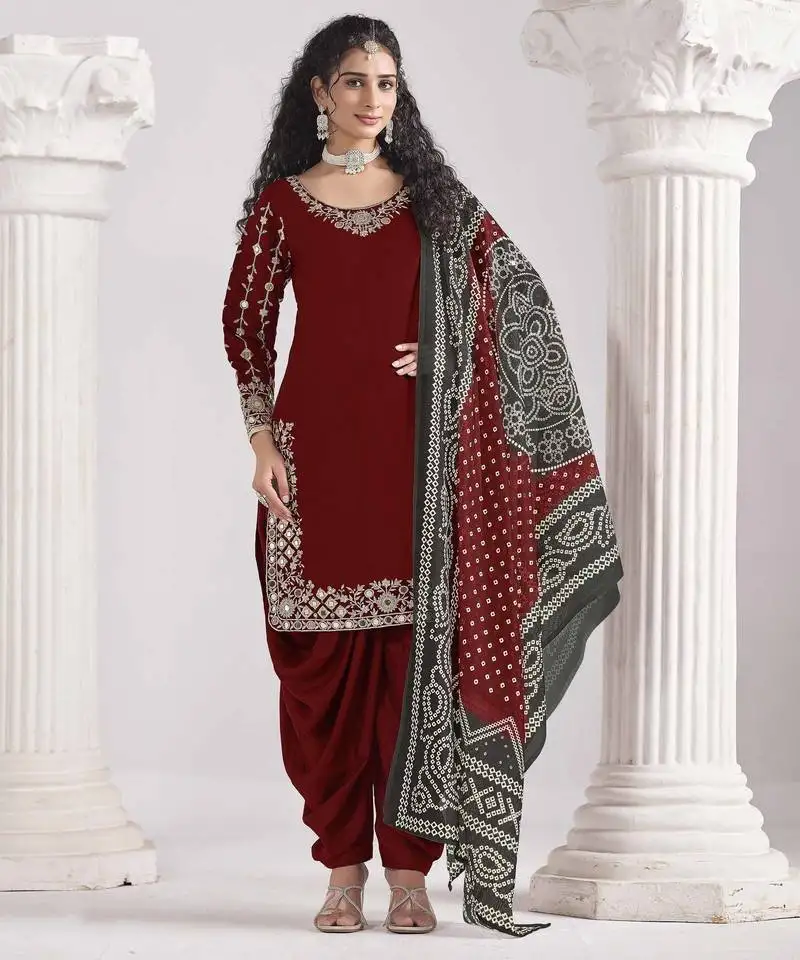 Maroon roman silk heavy thread embroidery, zari with mirror work salwar kameez semi stitched