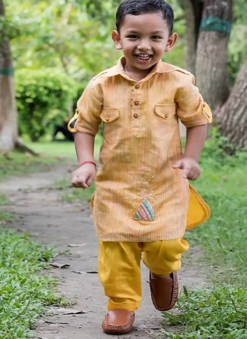 Mustard yellow embroidered cotton kurta pyjama