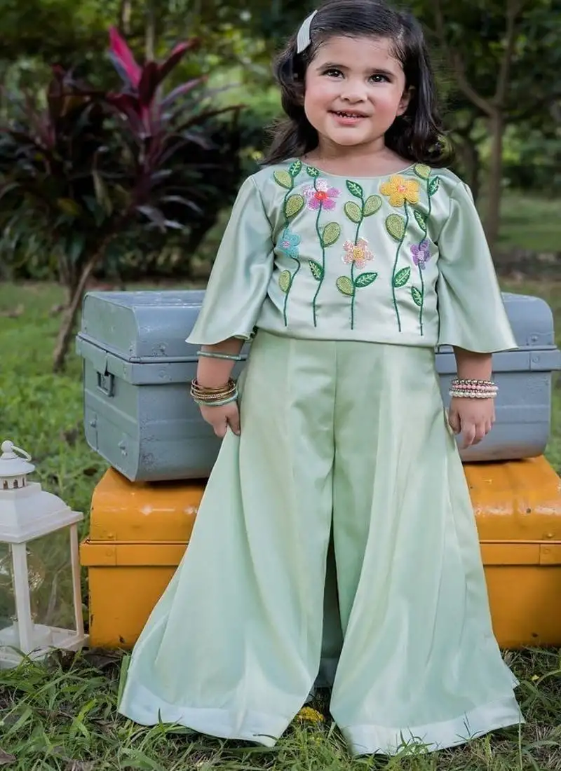 Green embroidered satin sharara