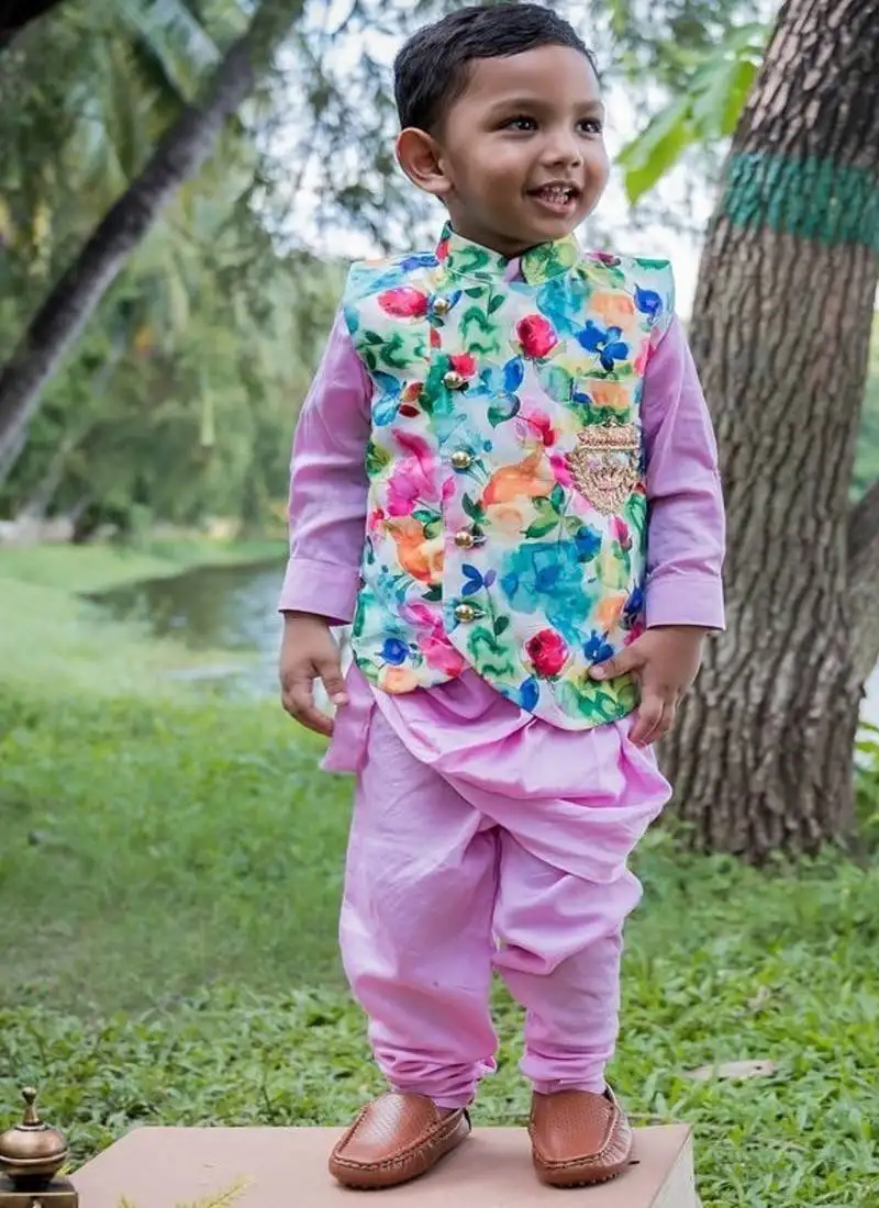 Multicolor printed satin nehru jacket set