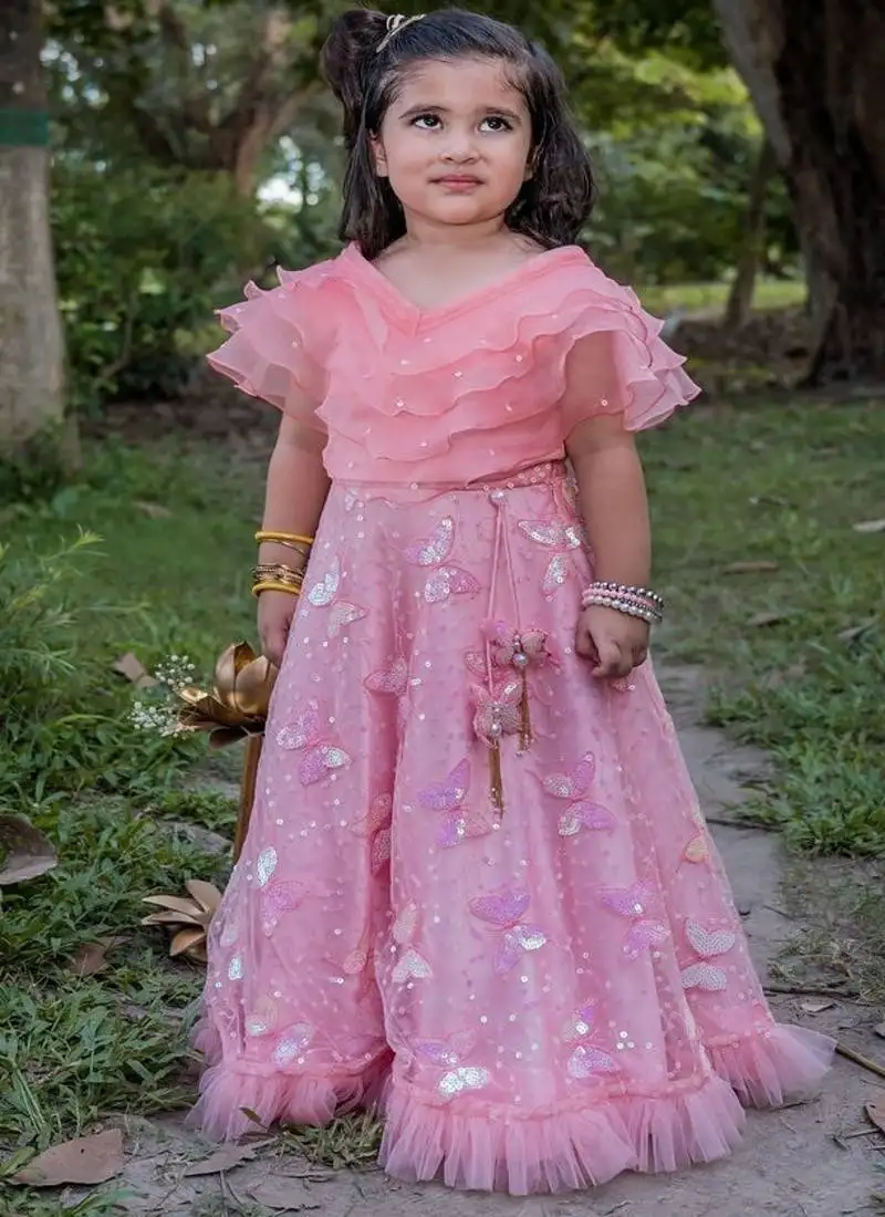 Pink embroidered net lehenga
