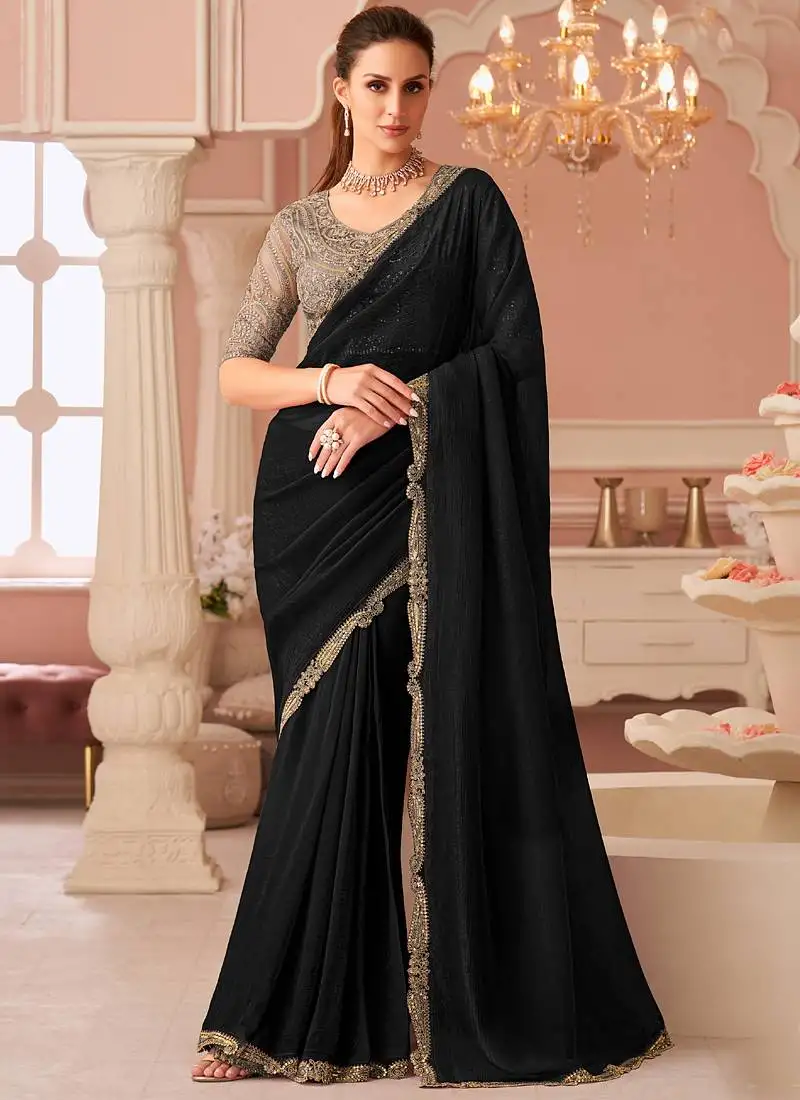 Black georgette embroidered party wear saree