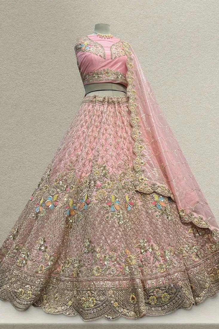 Baby pink tissue silk partywear flared lehenga with unstitched blouse