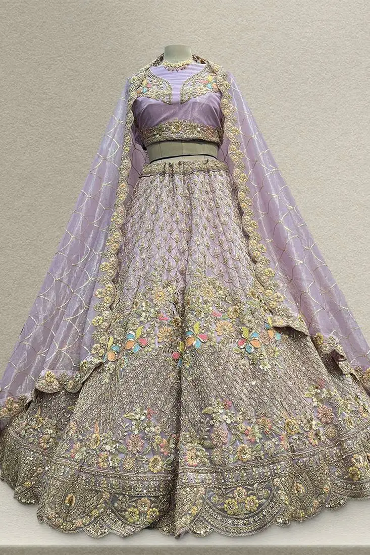 Lavender tissue silk partywear flared lehenga with unstitched blouse