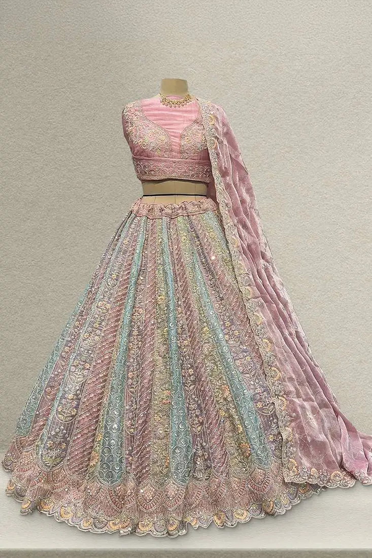 Multicolor kali silk partywear flared lehenga with unstitched blouse